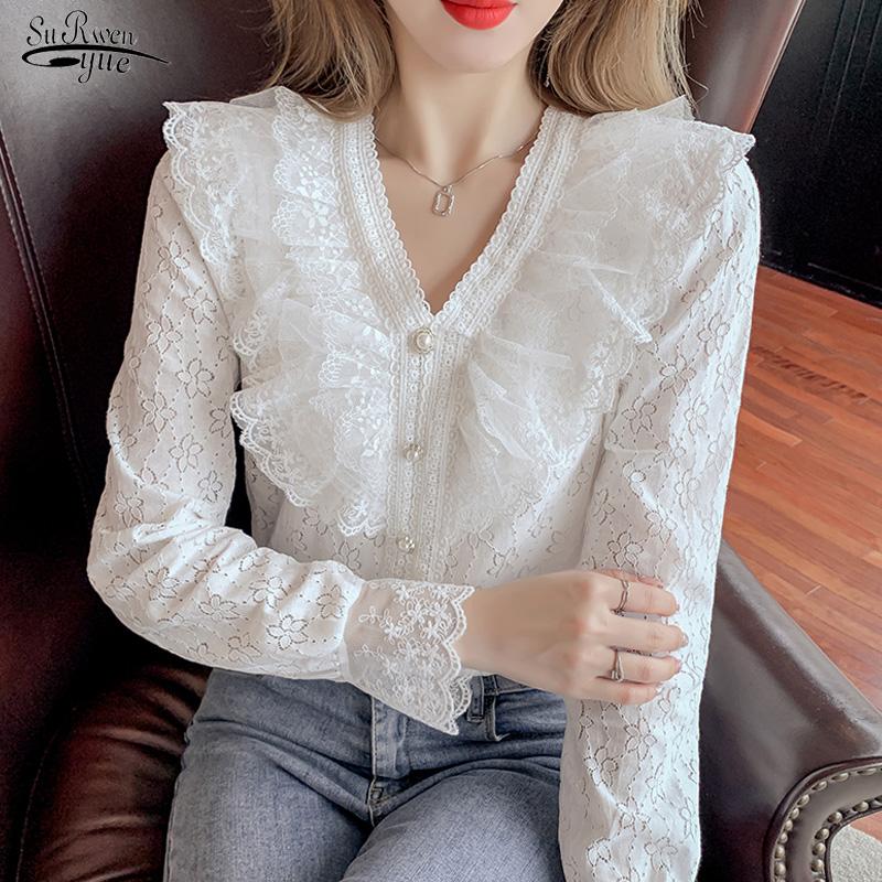 

Women's Blouses & Shirts Sweet Lace Ruffle Blouse Long Sleeve Tops Autumn V Neck White Shirt Hollow Flower Female Clothing Elegant 17207