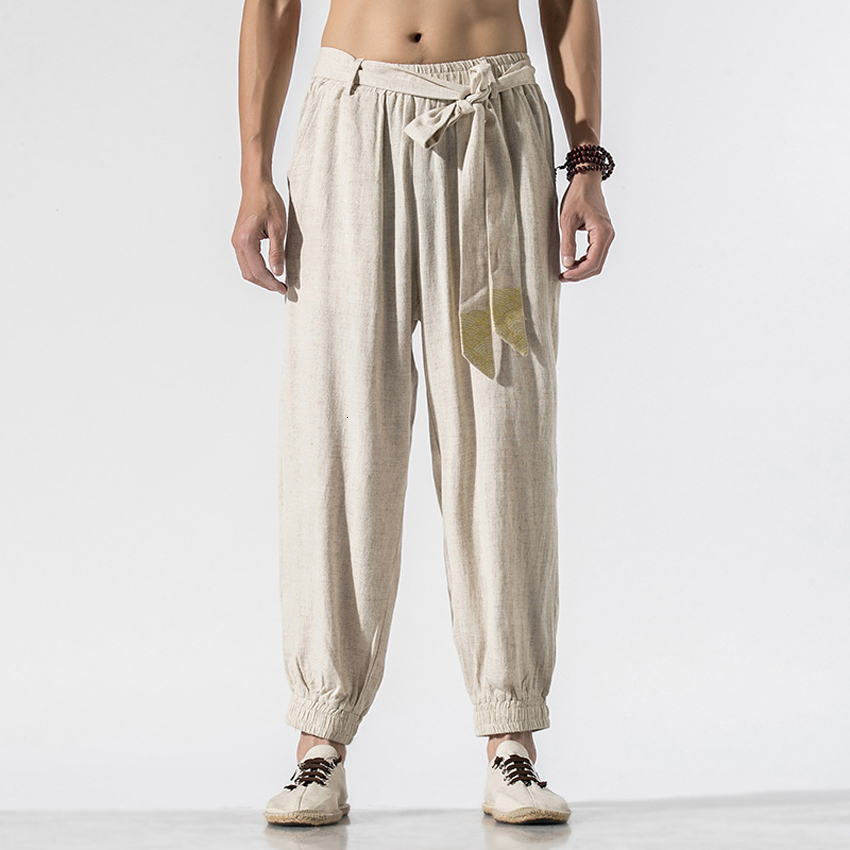 

2021 New Summer Japanese Cotton Linen Thin Loose Pants Man Asian Traditional Style Embroidery Retro Samurai Trousers Harajuku Streetwear H2x, Color1