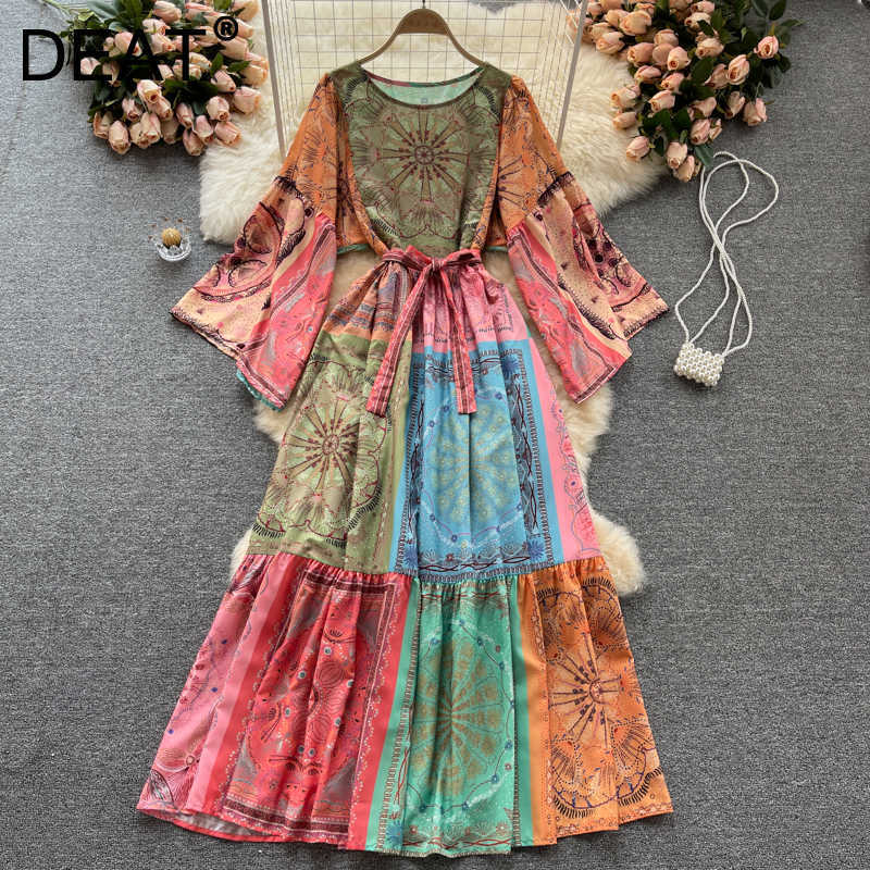 

DEAT Women Printing Midi-long Dress Round Neck Long Sleeve Arrivals Lady Temperament Fashion Spring Summer 11D1674 210709, Color