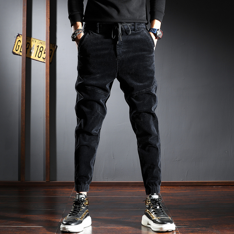 

2021 New Fashion Streetwear Men Jeans Loose Fit Casual Corduroy Cargo Pants Autumn Newly Designer Korean Hip Hop Joggers Harem Trousers Y3mz, Black