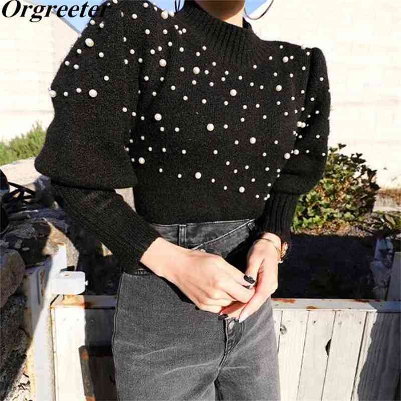 

Chic Exquisite Beading Pullovers Sweater Autumn Winter Elegant Women Sweaters Half Turtleneck Slim Fit Knitted Tops 210602, Gray