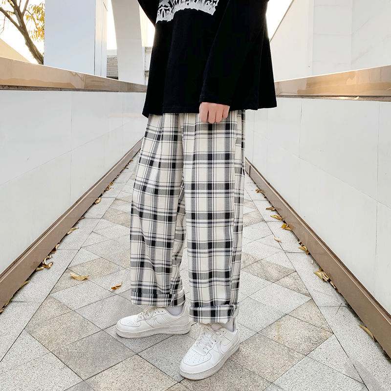 

2021 New Cotton Plaid Men's Fashion Retro Casual Men Streetwear Korean Loose Hip-hop Straight Wide-leg Pants Mens Trousers Af1v, Black white
