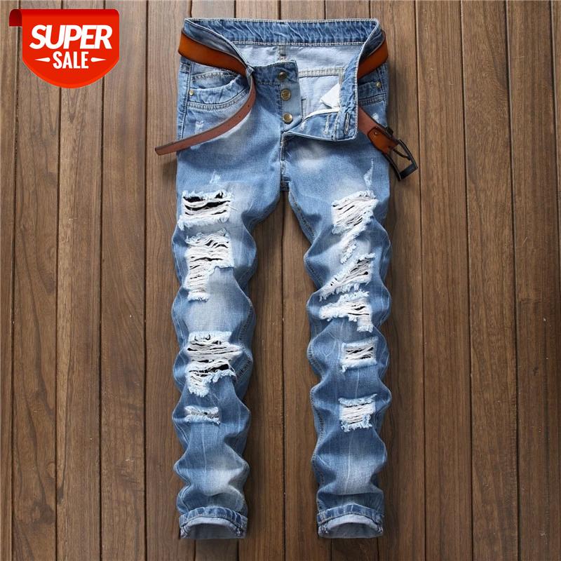 

New Fashion 2021 AUTUMN Spring Hole Blue Jeans Men's Ripped Skinny Biker Destroyed Denim Trousers #jp8a, Black
