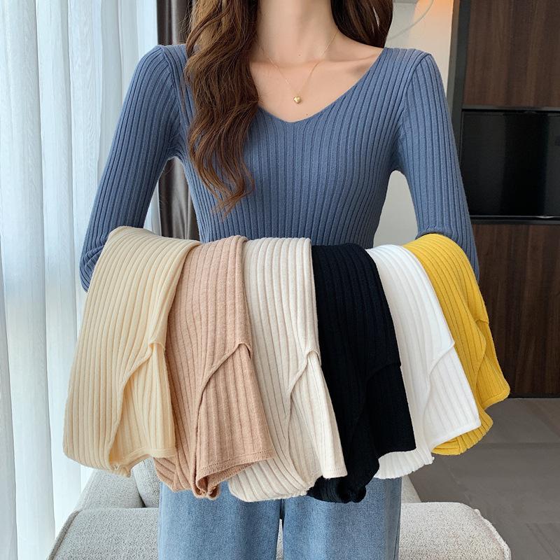

Women's Sweaters Knitted Sweater Fall/winter V-neck Slim Pullover Pit Striped Top With Tight-fitting Long-sleeved Bottoming Shirt, Green