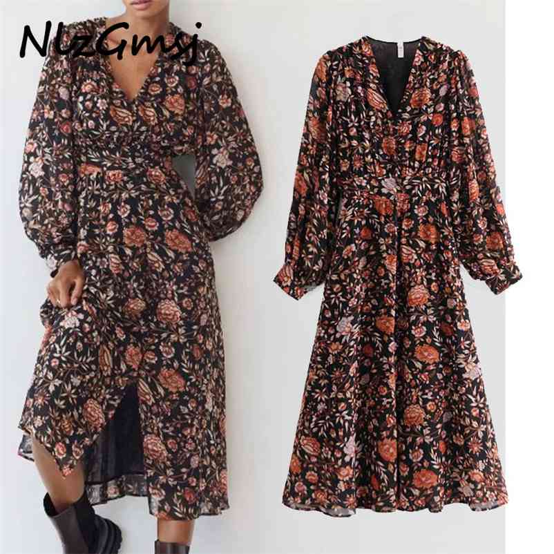 

Dres Vintage Flower Floral Summer Chiffon Midi Long Elegant Lady Office V-Neck Dresses Female Retro Vestidos 210628, As picture