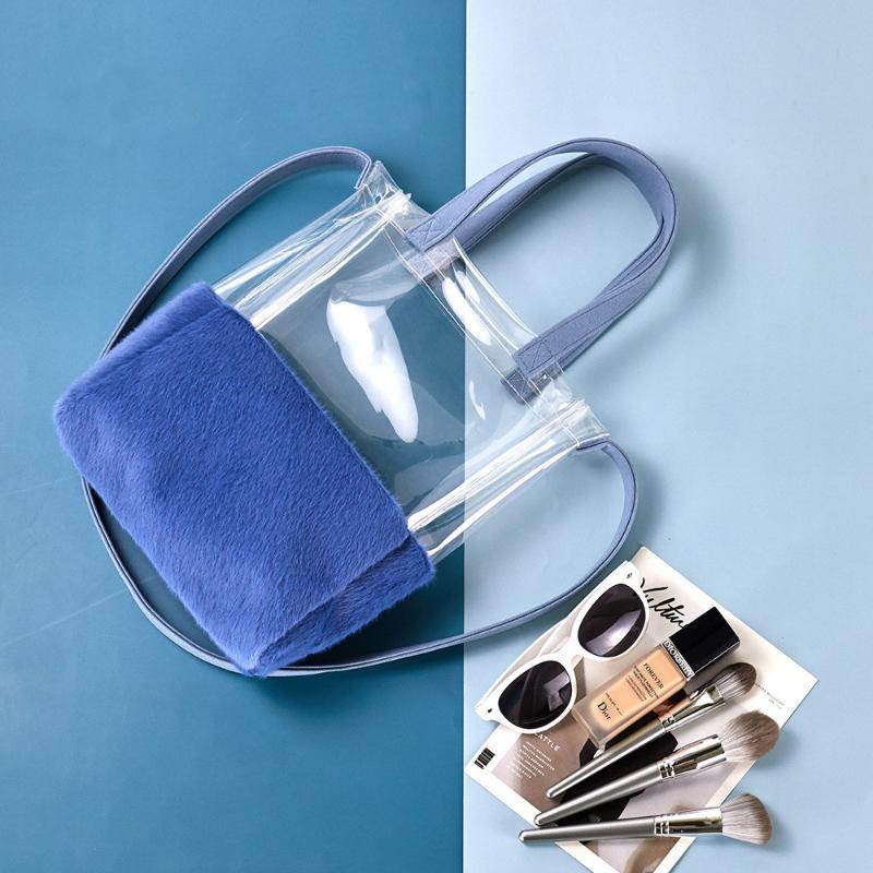 

2021 Spring New Shoulder Bag Creative Ladies Shopping Handbag Transparent Tpu Wool Stitching Messenger Bag Students, Blue