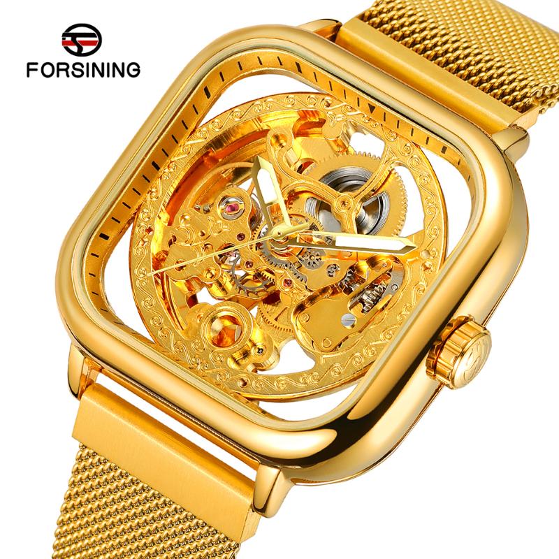 

Luxury Mechanical Watches Luminous Skeleton Wristwatch Stainless Steel Mesh Strap Fashion Business 3ATM Waterproof Watch For Men, Blue
