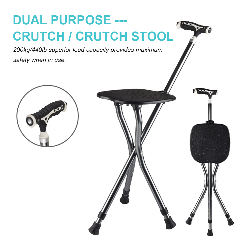 

Crutches Folding Cane Seat with Bright LED Light Height Adjustment 440lb Capacity Walking Stick Combo Chairs Stool with MassageScouts