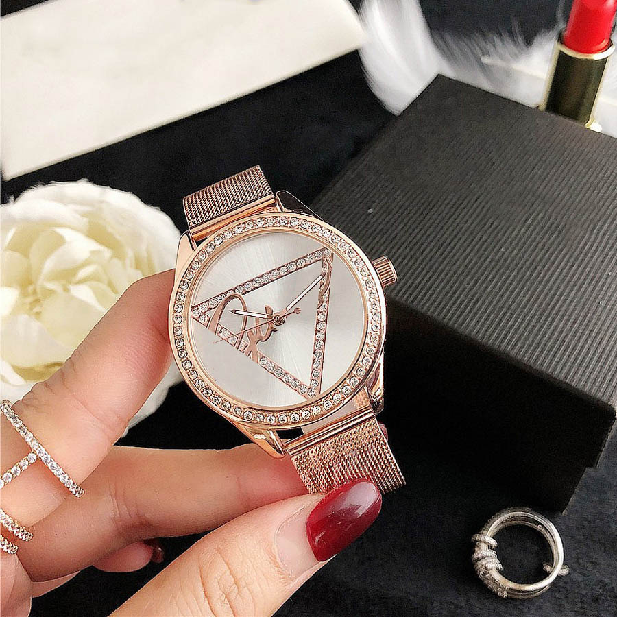 

Fashion Brand women Girl crystal triangle style steel metal band quartz wrist watch GS39, Slivery;brown