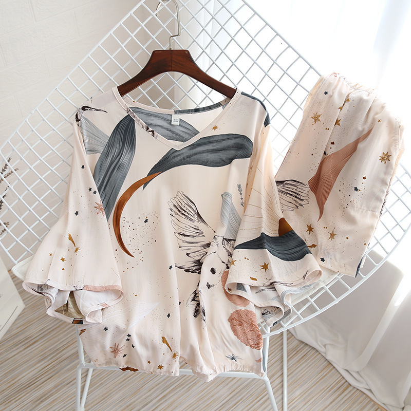 2021 New Summer Women&#039;s Rayon Pajamas Seven-point Sleeve Two-piece Set Fresh Can Wear Short-sleeve Shorts Sports Casual Girls 2mza-image-660676092