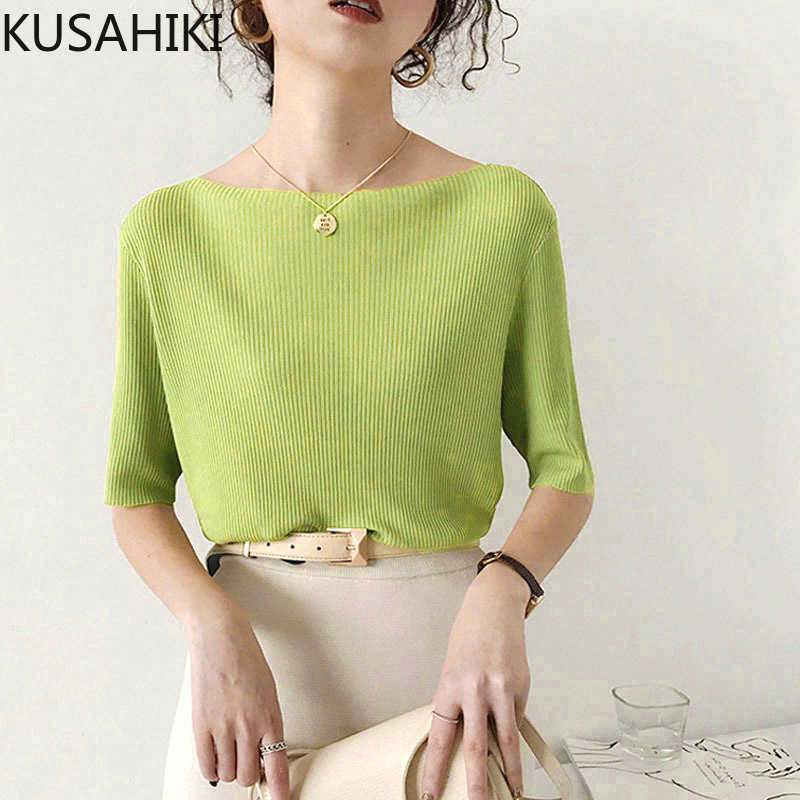 

Summer Knitwear Slash Neck Korean Causal Knitted Tops Tee Women Half Sleeve Elegant Graphic T Shirt 6E746 210603, Green