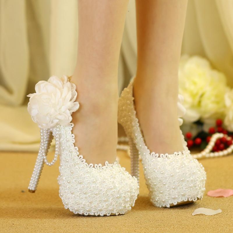 

Dress Shoes White Lace Flowers High Heels Wedding Banquet Women's Waterproof Platform Bride, 14 cm high