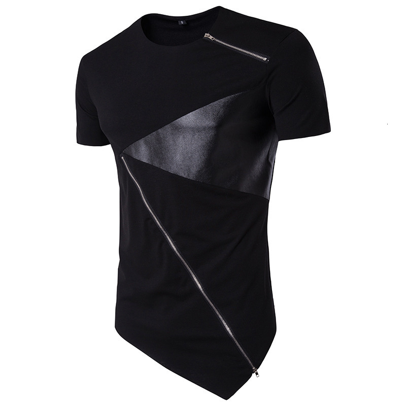 

2021 New Hip Hop High Street Long Men Casual Short Sleeve O-neck T-shirt Zipper Leather Patchwork Men's Slim t Shirt Summer Tees Gydf, White