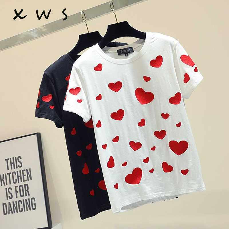 

summer women t shirt tops Casual Harajuku style love embroidery cotton t shirt short sleeve o neck female Tees Women 210604, Black