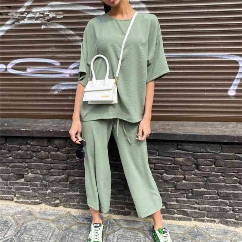 

Sexy Fashion Khaki Women' Set Summer Casual Two Piece Set Short Sleeve Tops Shirt And Loose Beach Pants Set Bottom Suit Outfits 210721