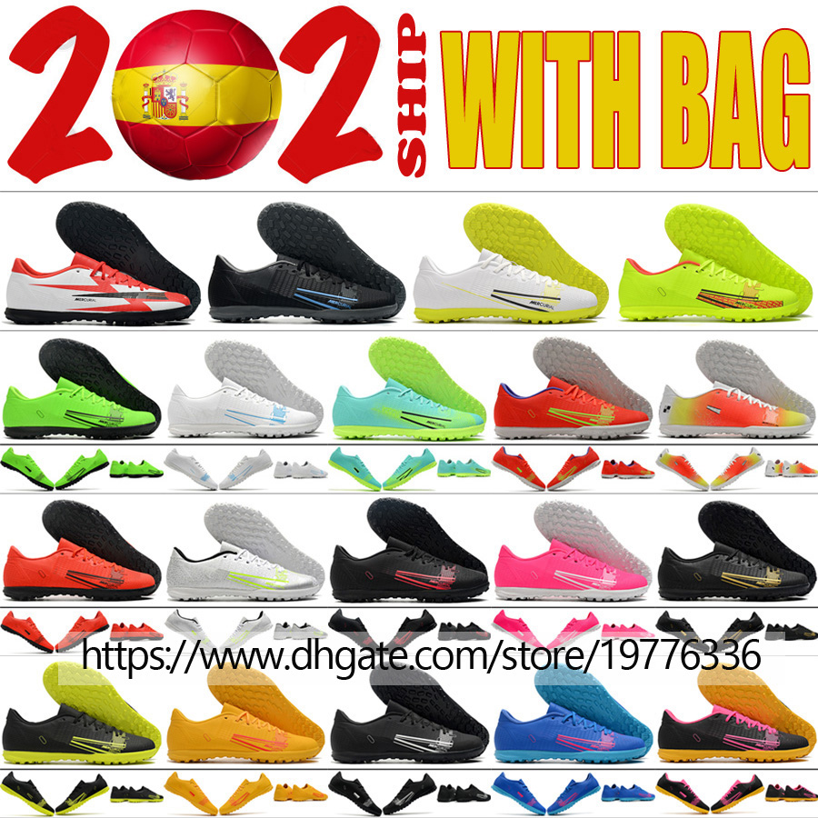 

+BAG Mens Football Boots Mercurial Vapores XIV 14 Club TF Low Cleats Leather Indoor Turf ACC Soccer Shoes Green Yellow Red Orange Black White Blue Pink Footwear US6.5-12, Shoes original box