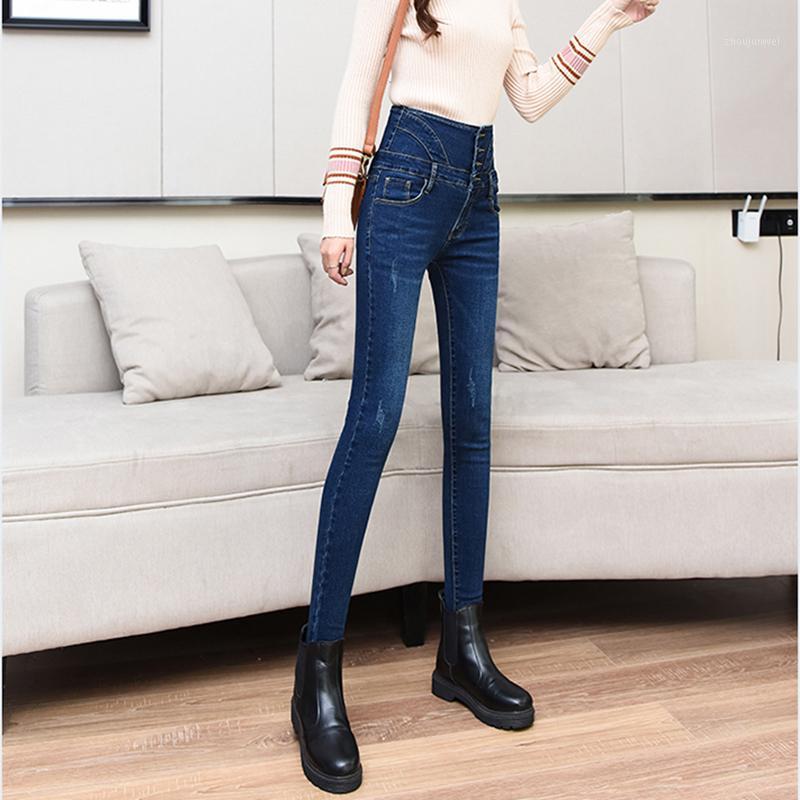 

Autumn Scratched Single Brested Women's Jeans High Waist Stretch Skinny Pencil Pants Denim Mujer Elastic Slim Trousers Cowboy, Dark blue