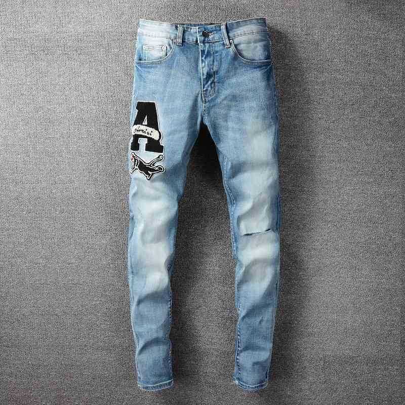 

Jeans Trend Amir Korean Blue High Street Fashion a Star Jean Miri Hole Embroidery Large Men's Trousers Designer 98T7