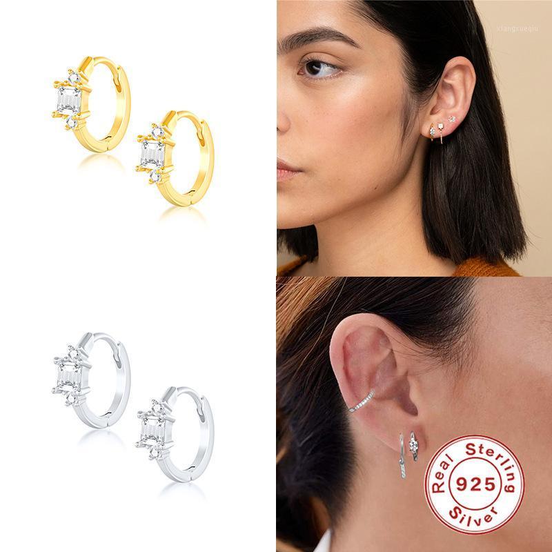 

Hoop & Huggie 925 Sterling Silver Square CZ Zircon Earrings For Women Gold&Silver Color Tiny Small Hoops Wedding Jewelry, Golden;silver