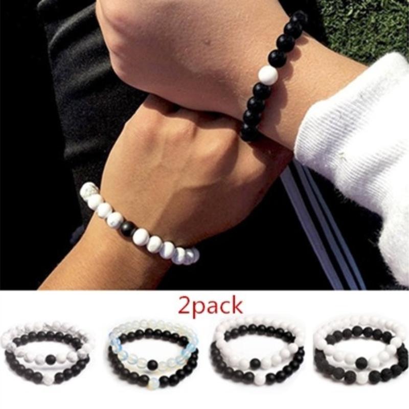 

Beaded, Strands 2PCS Beaded Bracelets Set Natural Stone Beads Couples Distance Energy Elastic Bracelet Rope Men Women Friend Jewelry Gift