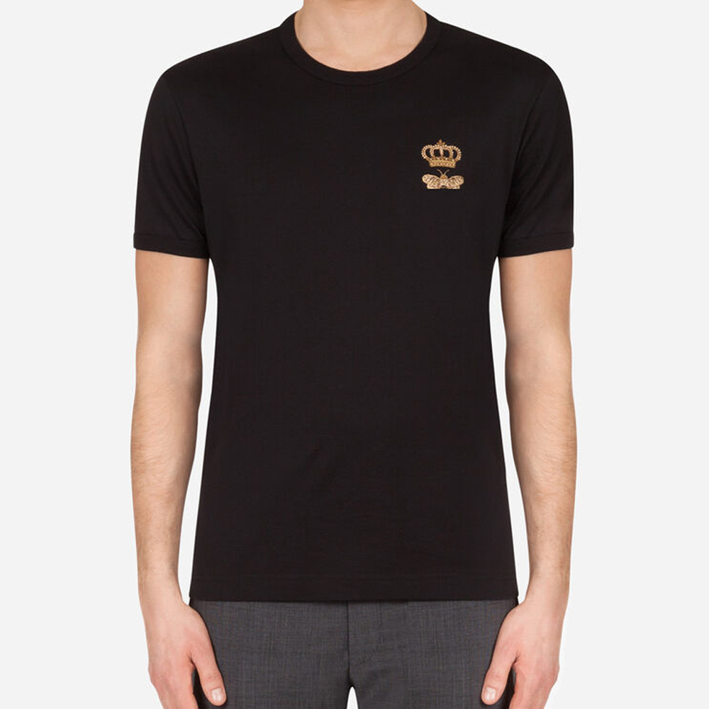 

2021 New Cotton with Bee and Crown Embroidery Summer Short t Shirt Men Brand Clothing Comfortable High Quality Male T-shirt 1qwd, Black