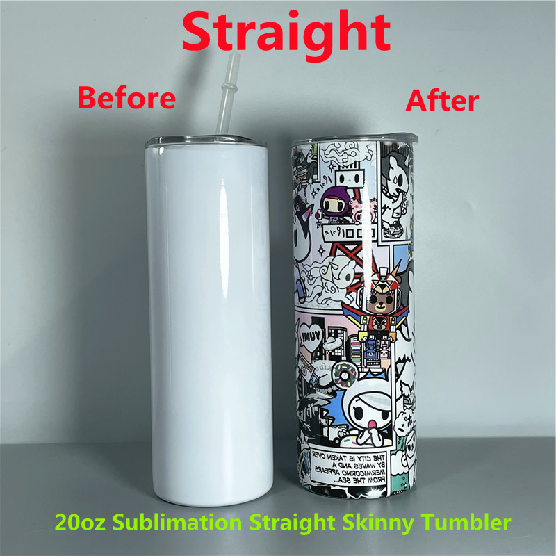 

20oz Sublimation Straight Skinny Tumbler Blank 304 Stainless Steel Coffee Mug Insulated Wine Tumblers With a Plastic Straw Double Wall DIY Travel Cups A03