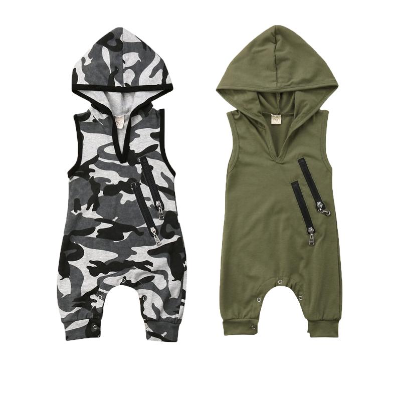 

Jumpsuits Summer Born Baby Boy Sleeveless Clothes Camo Hooded Romper Jumpsuit Outfit, Blue