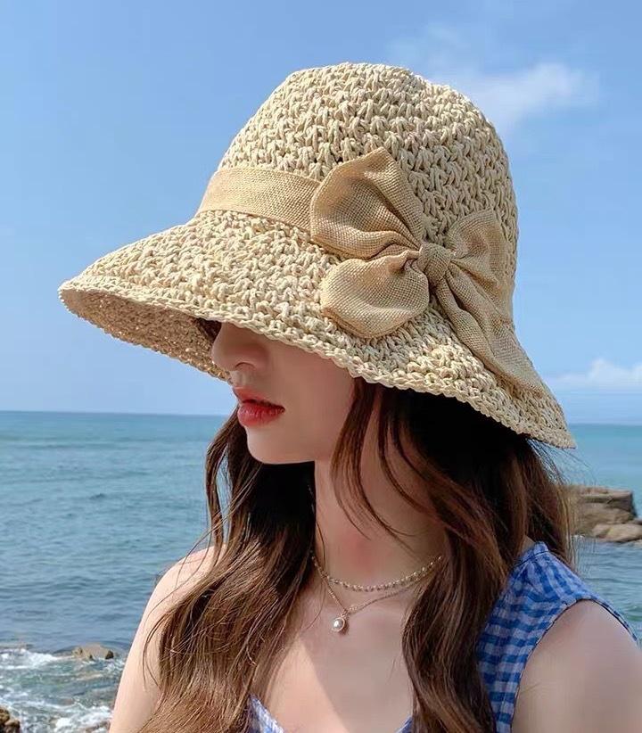 

Wide Brim Hats Summer Simple Bow Sun Hat Fashion Leisure All-match Basin Literature And Art Foldable Knitted Straw Sombreros De Sol, White