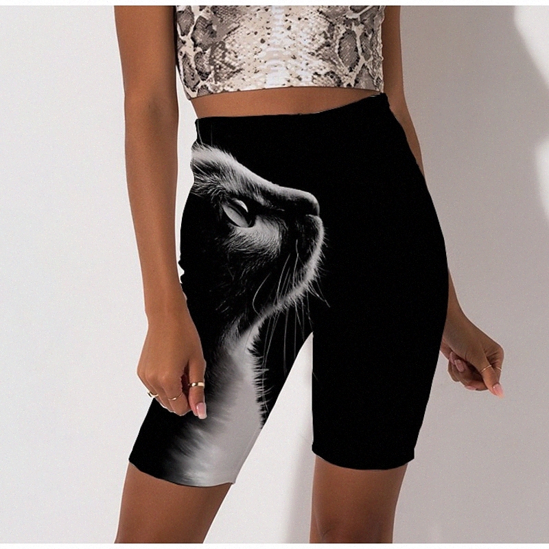 Women's Stylish Sporty Biker Shorts Print Knee Length Pants Beach Fitness Stretchy Cat Animal Breathable Soft Mid Waist Skinny Black S M L XL X
