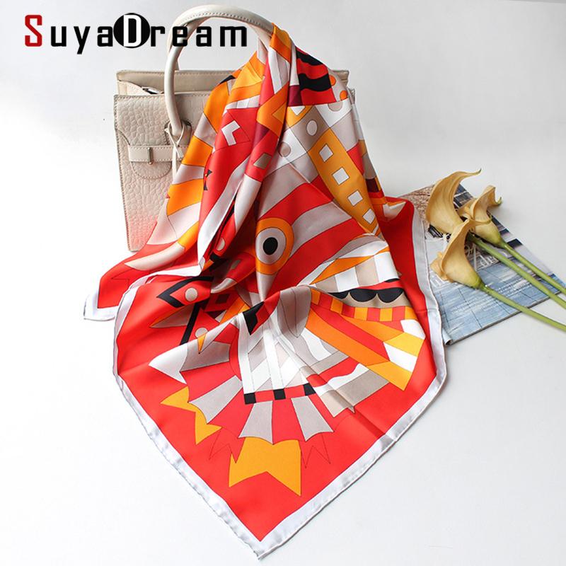 

Scarves Suya Dream Woman Silk Scarf 100%Real 88x88cm Square Printed Chic Style Decorate Spring Autumn Shawl, Blue;gray