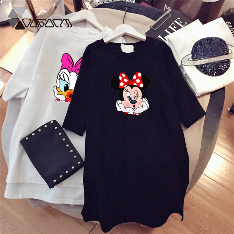 

Summer Women Dresses Cartoon Print Casual Loose Cute White Mini Women Clothing Plus Size Dress Femme Black 210312, Solid2