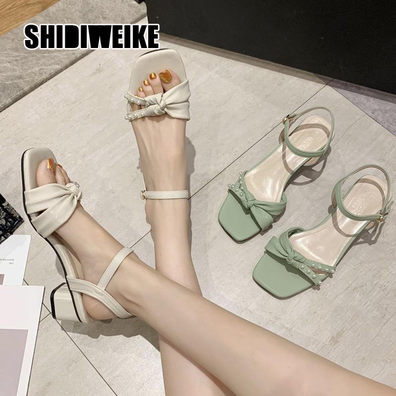 

Sandals Fashion 35-39 Women Thick High Heels Square Toe Ladies Casual Shoes Summer Buckle Pearl Va562, Creamy-white