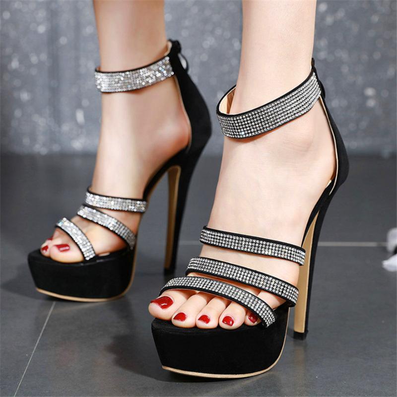

Women Super High Heels 15cm Crystal Gladiator Sandals 2021 Summer Platform Open Toe Rhinestone Buckle Sexy Party Shoes Black Zip