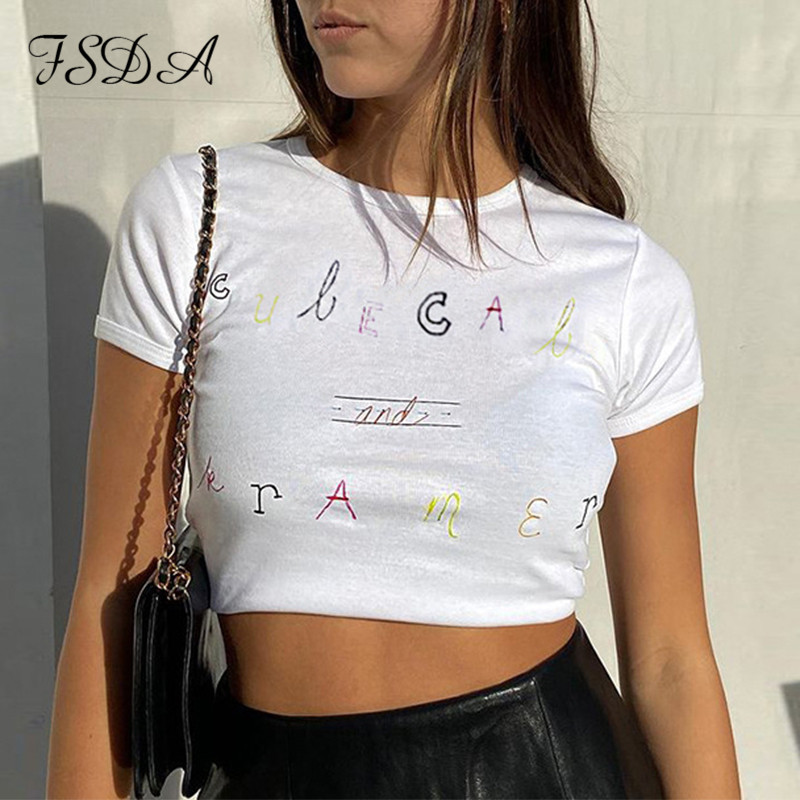 

letter print casual crop women white short sleeve 2021 summer basic t shirts o neck fashion y2k tee vintagehigh quality