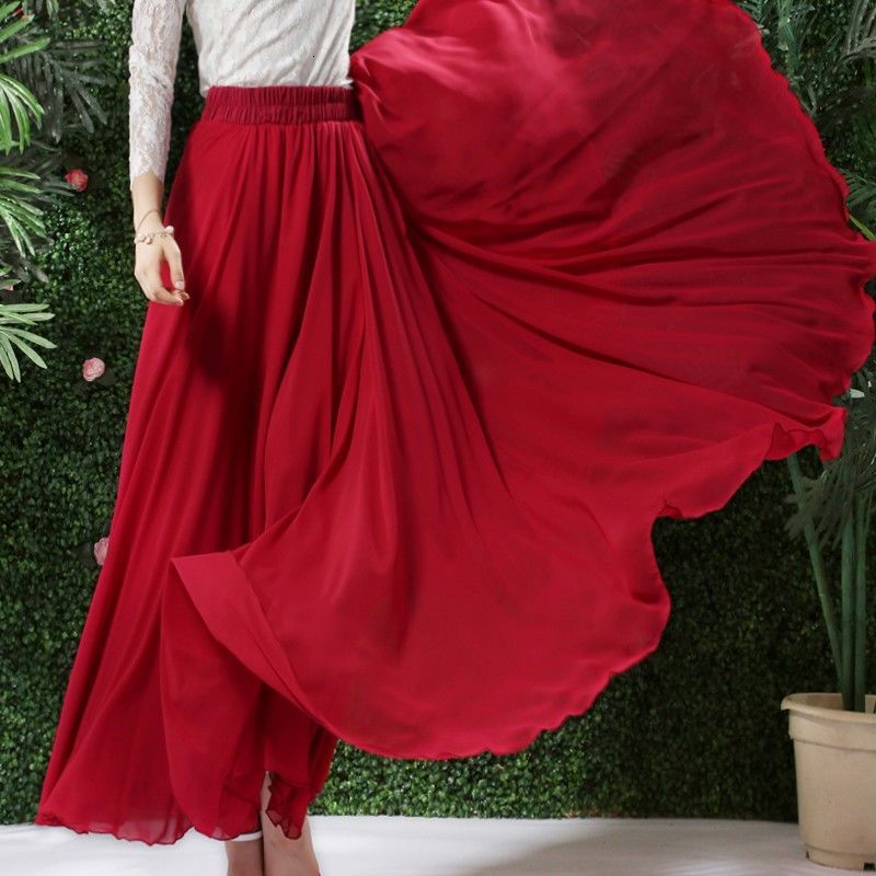 Skirts Big Swing Three-layer Chiffon Female Spring and Summer A-line Long Slim Beach Fairy Skirt, Dance Skirt-image-728369341