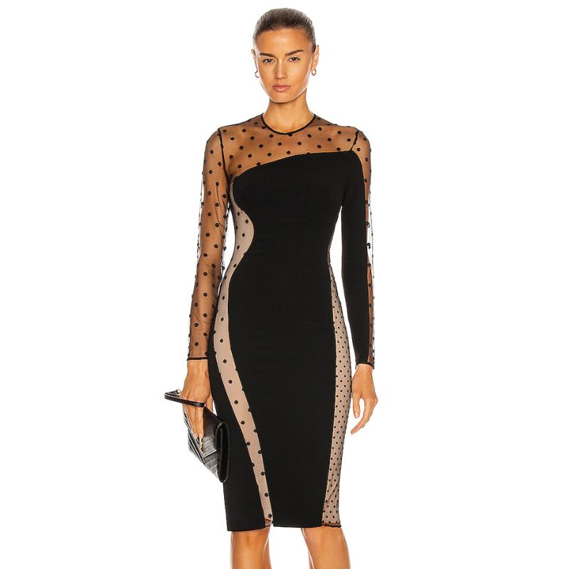 

Casual Dresses Sexy Long Sleeve Polka Dot Mesh Patchwork Fashion Autumn Women's Bodycon Bandage Dress Trendy Runway Party, Black