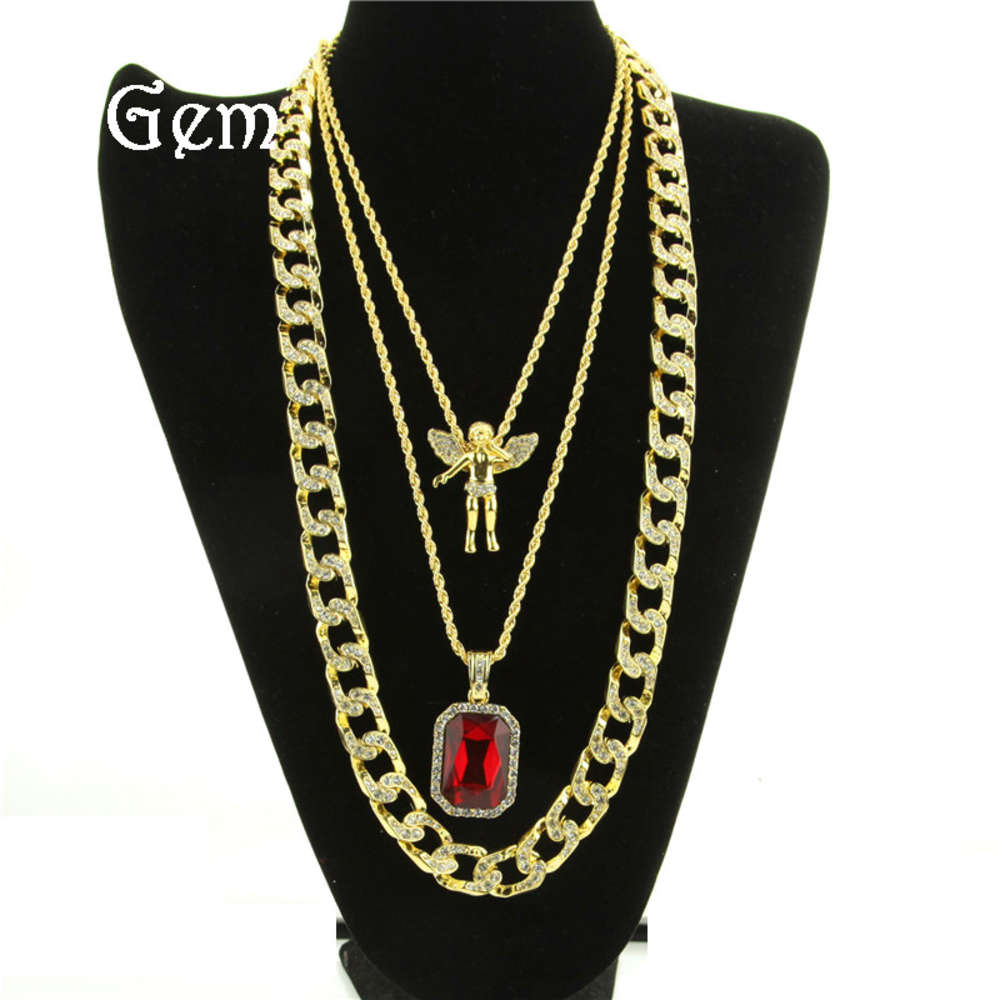 

Alloy necklace hiphop hip hop Diamond Red Men's Necklace Set 2