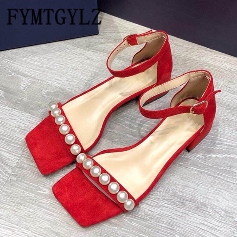 

Dress Shoes Spring Summer Fashion Buckle Sandals Thick Heel Patent Leather Women's Pearl Square Open Low Heels, Black