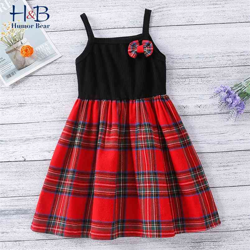 

Girl Dress Summer Sleeveless Suspender Pliad Printed Patchwork 2-6 Y Sweet Cute Bow Kids 210611, Bd681 red
