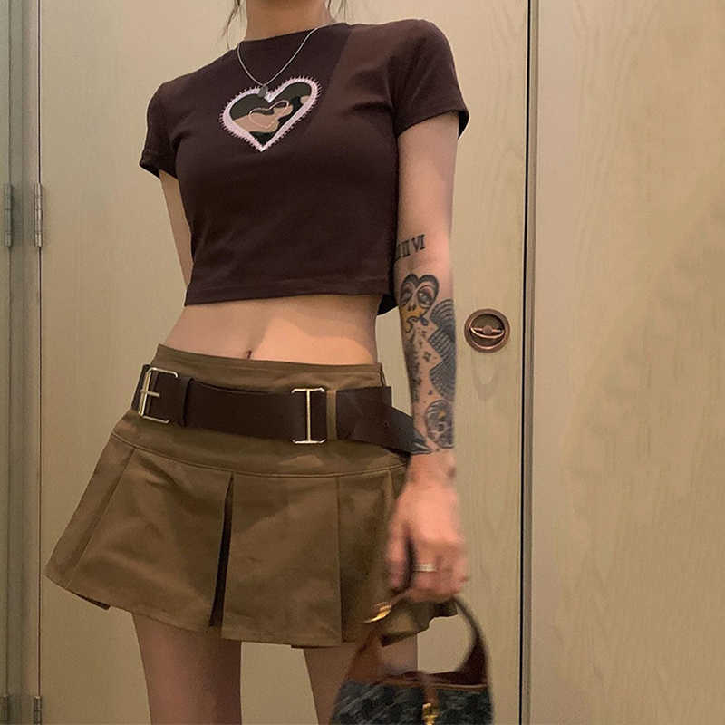 

Korean Vintage sexy hip-hop big size Ulzzang punk short-sleeved T-shirt women set two-piece casual plus Harajuku suit 210608, Brown