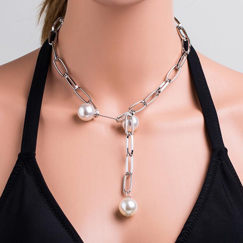 

Pendant Necklaces Gothic Baroque Pearl Choker Necklace For Women Punk Big Bead Lariat Golden Shell Long Chain Fashion Jewelry, Silver