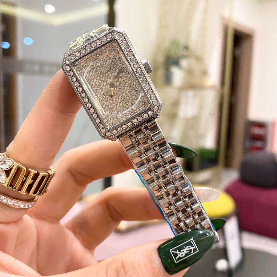 

Brand Watches Women Lady Girl Beautiful Crystal Rectangle Style Metal Steel Band Quartz Luxury Wrist Watch CH44, Silver