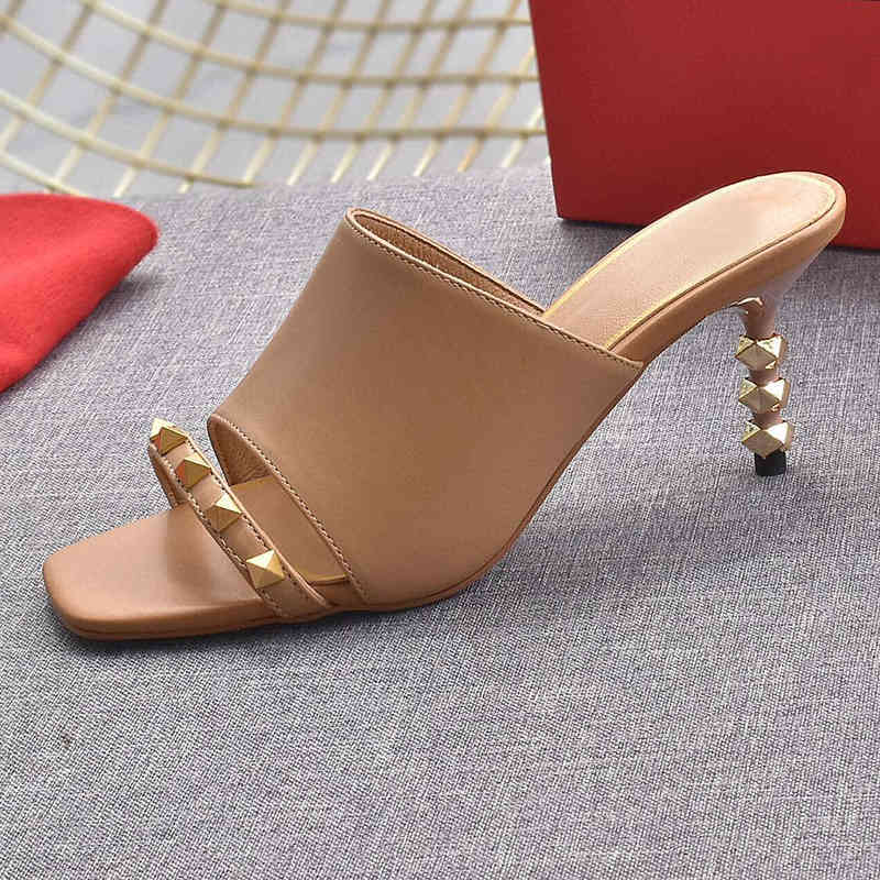 

70% Off Wholesale Flip-Flops Summer Genuine Leather Open Toe Rivet Decoration All-Match Stiletto High Heel Sandals Luxury Branded One Strap Women's Slippers, As show