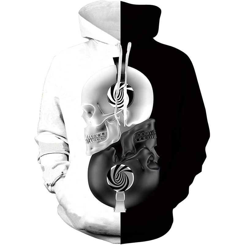 

Two skulls 3D printed hoodie visual impact party top punk goth round neck high quality American sweater hoodie, Black