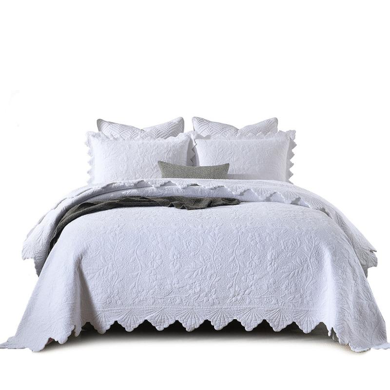 

White Embroidered Quilt 3PCS Sets Cotton Quilted Bedspread for Bed with 2 Shams  Size Thick Soft Blanket