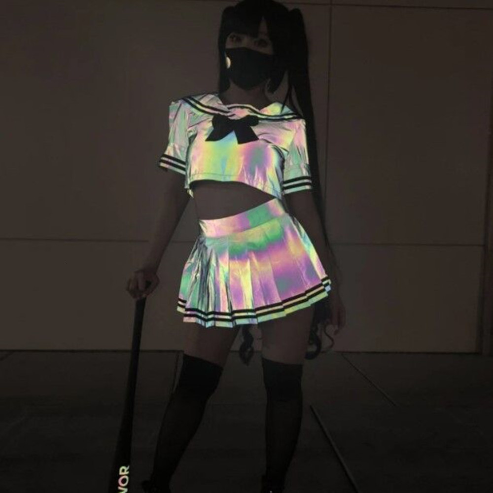 

Colorful sexy cute girl T-shirt pleated skirt reflective suit pants,pant2021, White