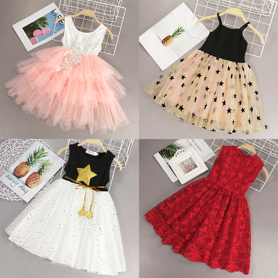 2021 New Summer Girls Kids Floral Casual Clothes Lace Flower Layered Design Frock Girl Princess Party Gown U447-image-672960758