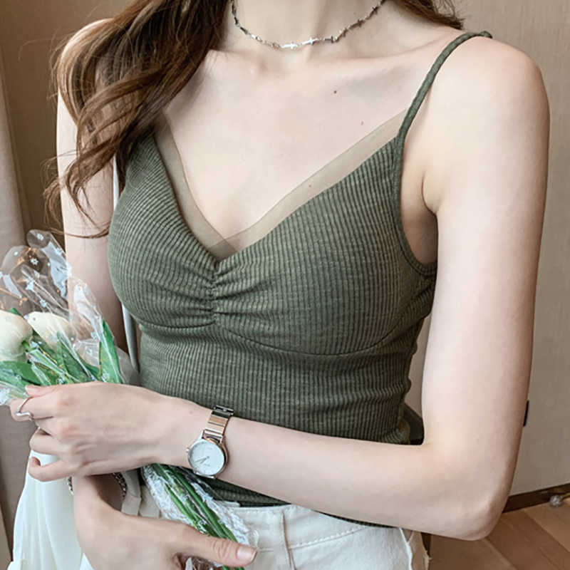 

Spaghetti Strap Gauze Slim Sexy Club Camis V Neck Basic Summer Top Short Korean Clothes Tank Women Sleeveless Camisole 210615, Black
