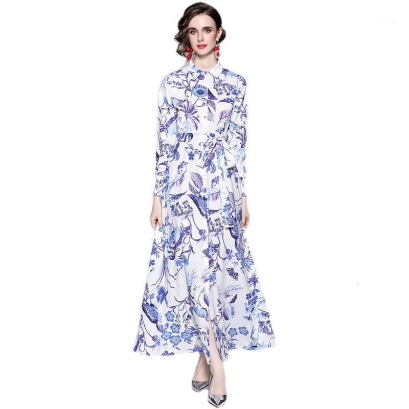 

Casual Dresses Runway Autumn Floral Dress Shirt Women Long Sleeve Single Breasted Turn Down Collar Maxi Female, Blue