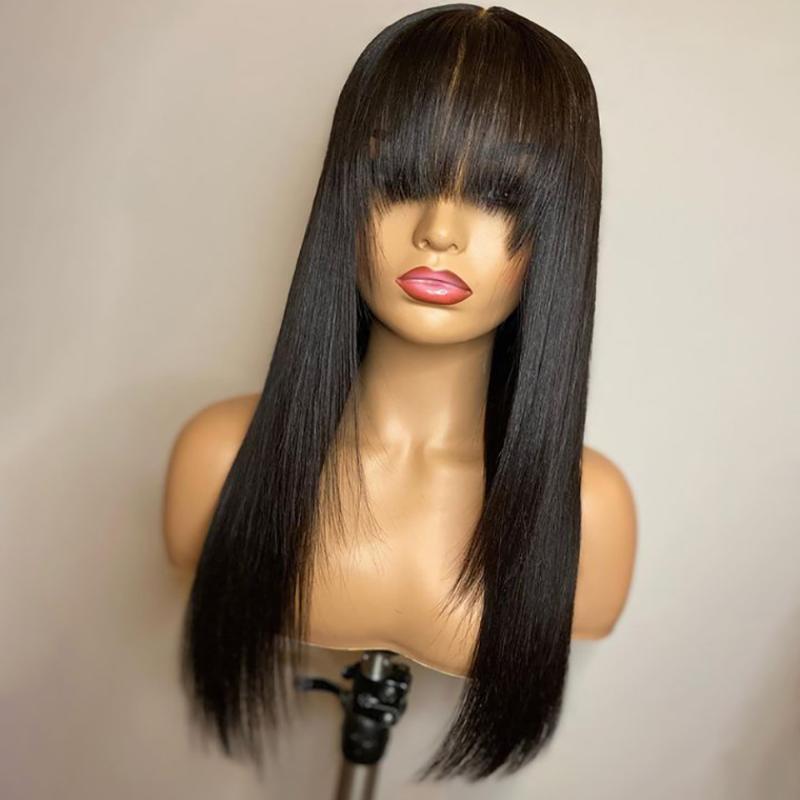 

Lace Wigs 180 Density Peruvian 13x4 Front Human Hair With Bangs Glueless Frontal Fringe Remy For Black Women, As pic